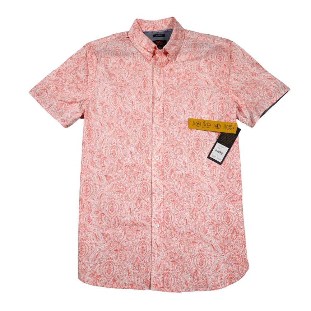 Lee Short Sleeve Button Down Shirt Mens Size Small Pink Paisley Stretch Light
